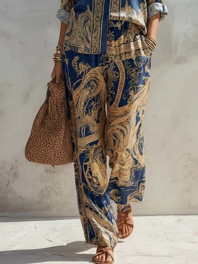 Navy Baroque Print Shirt And Wide-Leg Trousers Two-Piece Set