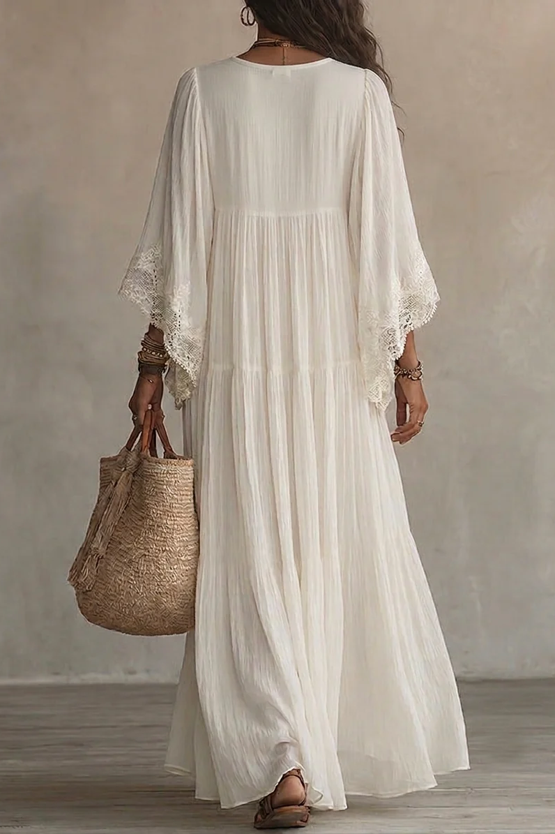 White Lace V-Neck Batwing Sleeve Chiffon Maxi-Length Dress