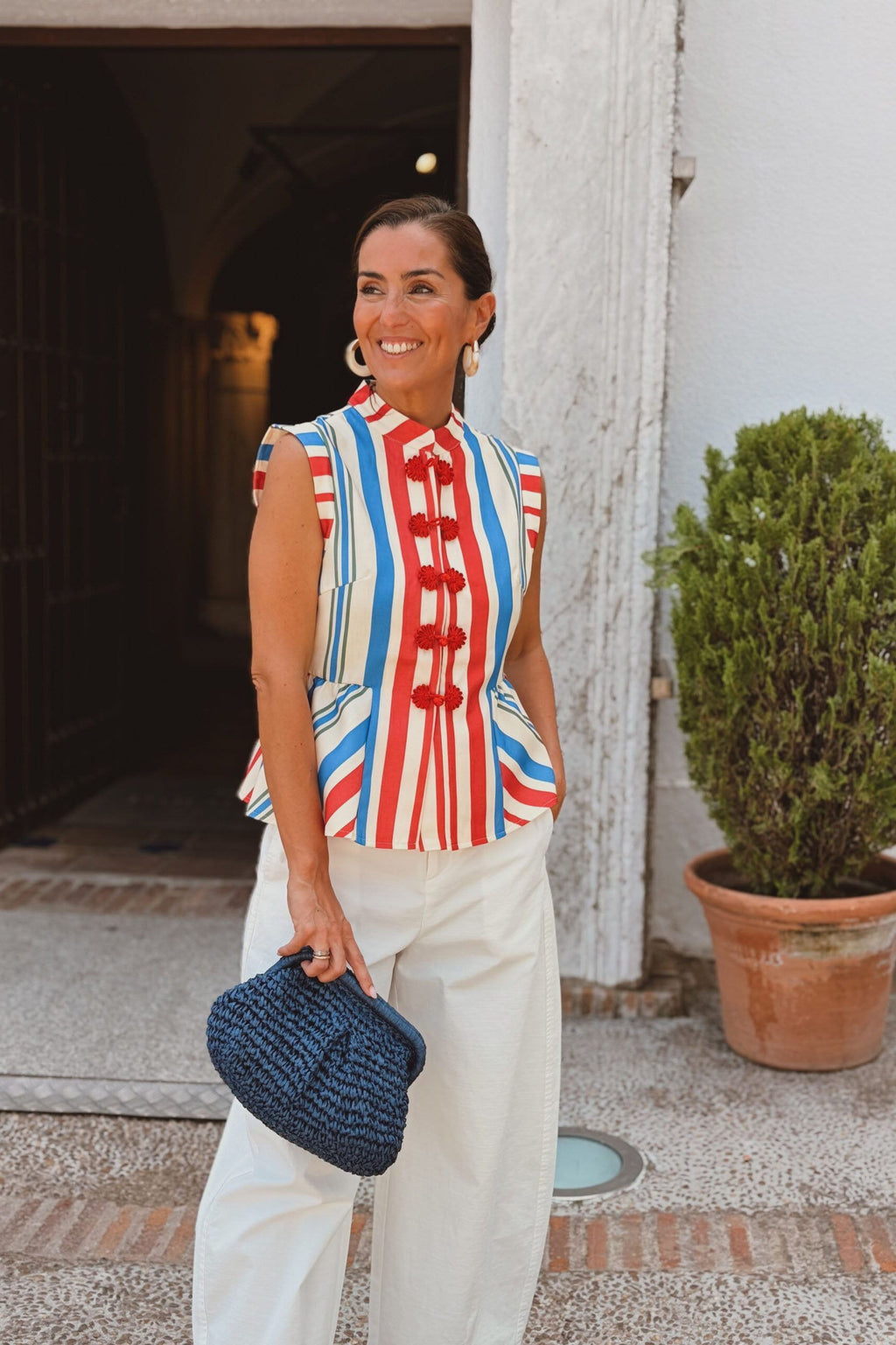 Modern Red Blue White Stripe Mandarin Collar Vest Top