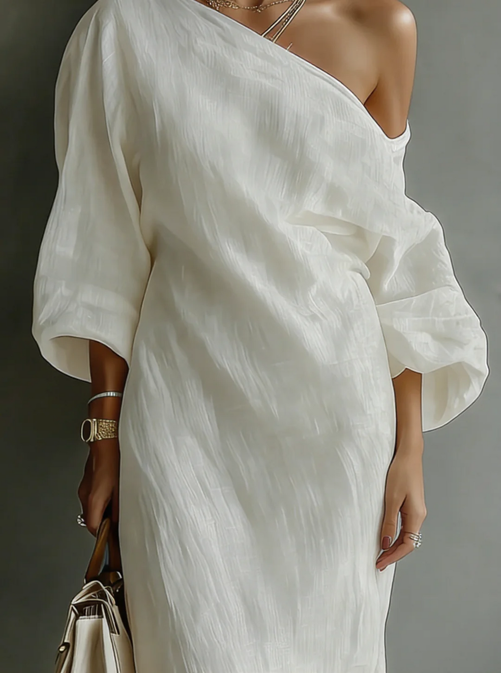 Ivory White One-Shoulder Cotton-Linen Maxi-Length Dress