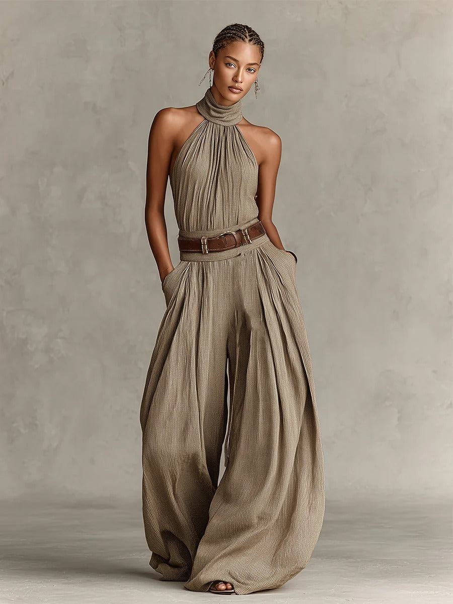 Modern Taupe Boho Halter Wide-Leg Jumpsuit(Without Belt)