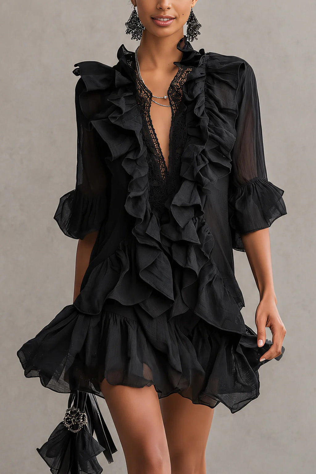Lace Ruffled Mini-Length Dress