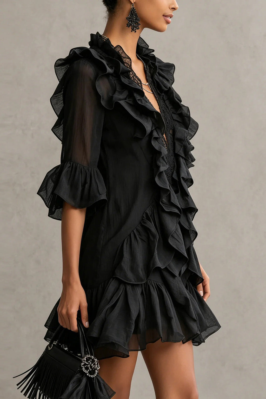 Lace Ruffled Mini-Length Dress