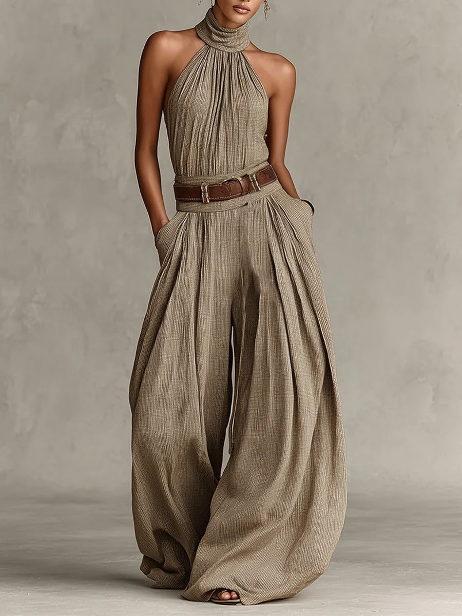 Modern Taupe Boho Halter Wide-Leg Jumpsuit(Without Belt)
