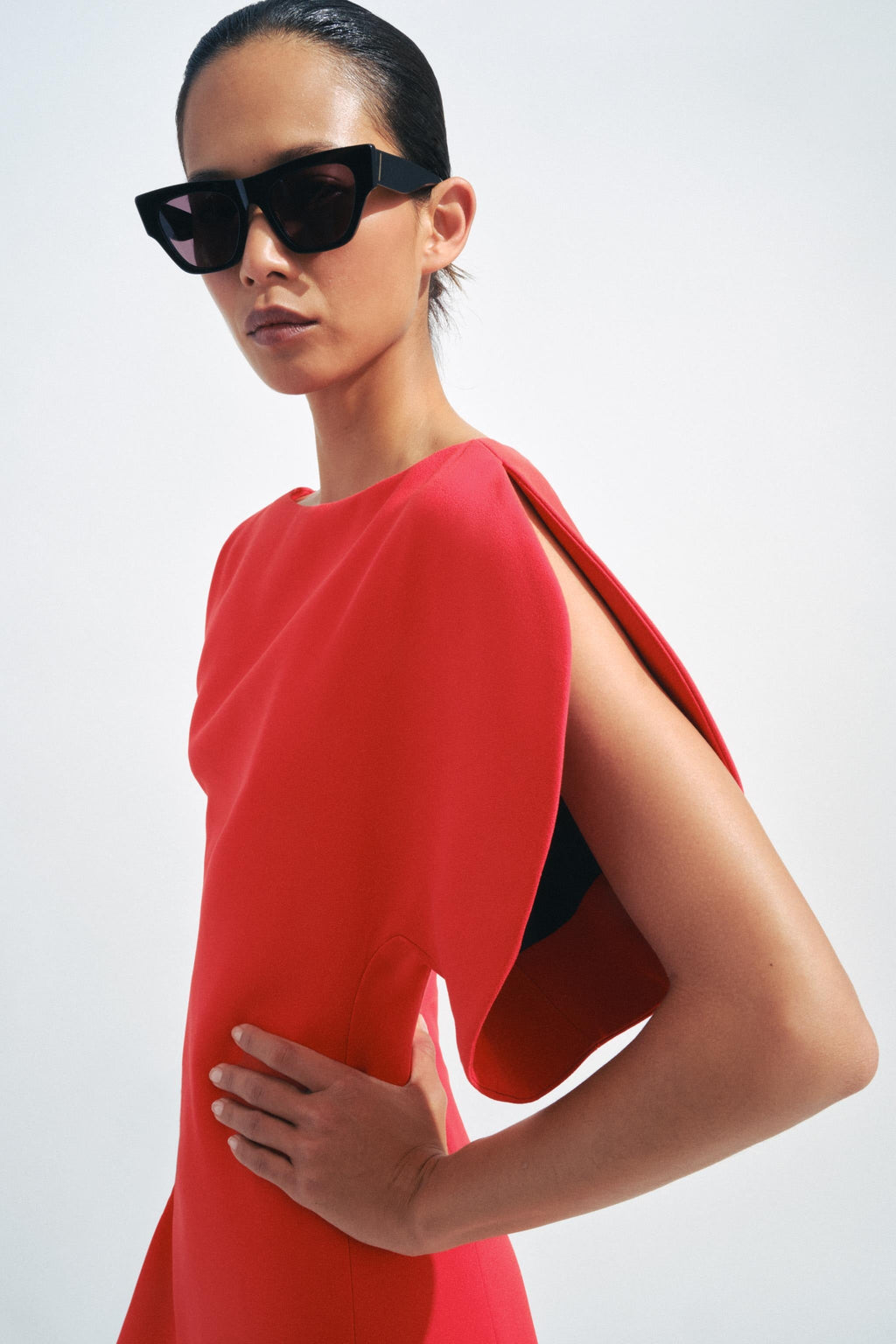 Modern Structured Red Midi-Length Dress