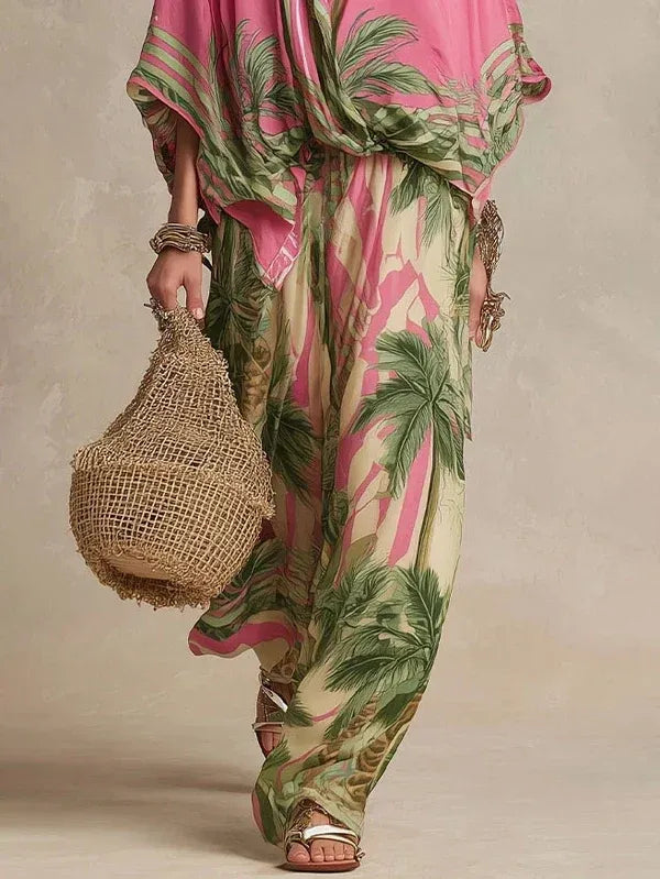 Coordinated Effortless Palm-Print Kimono Two-Piece Set