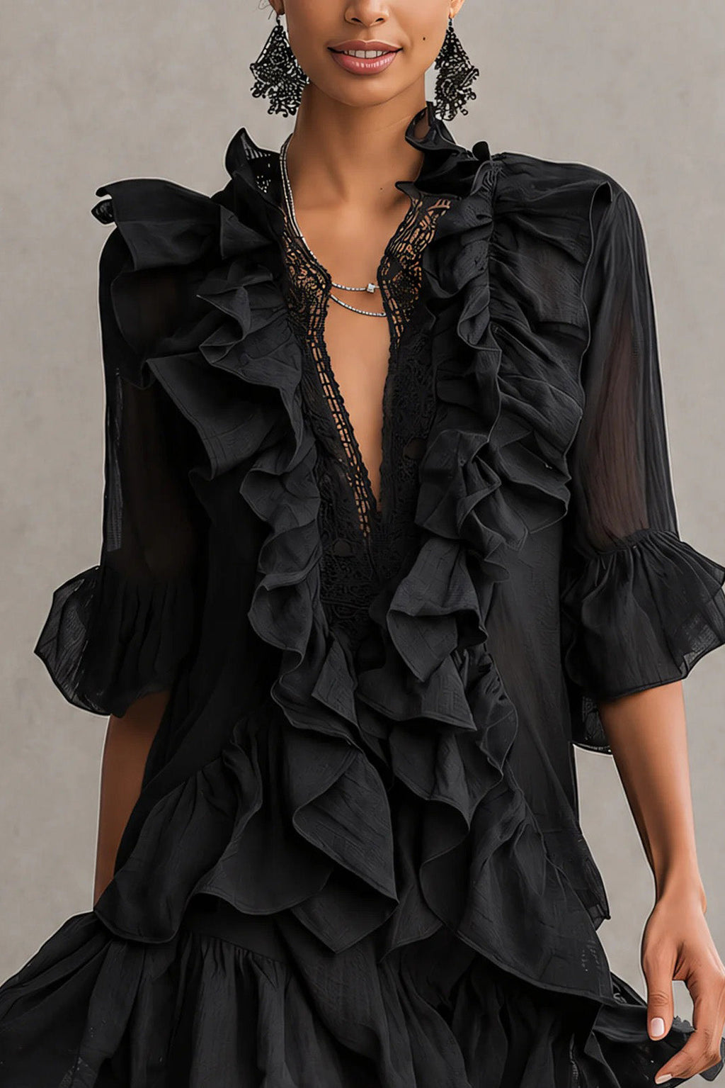 Lace Ruffled Mini-Length Dress
