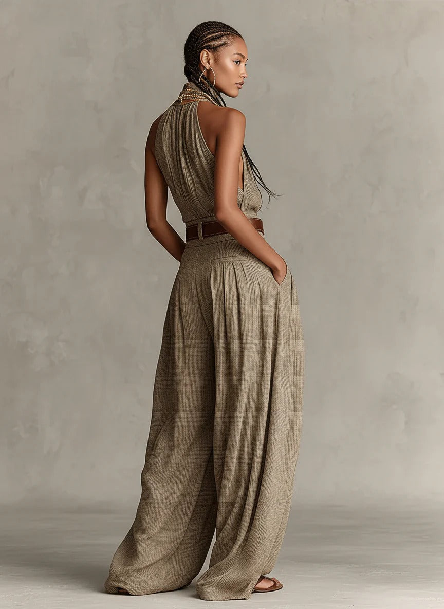 Modern Taupe Boho Halter Wide-Leg Jumpsuit(Without Belt)
