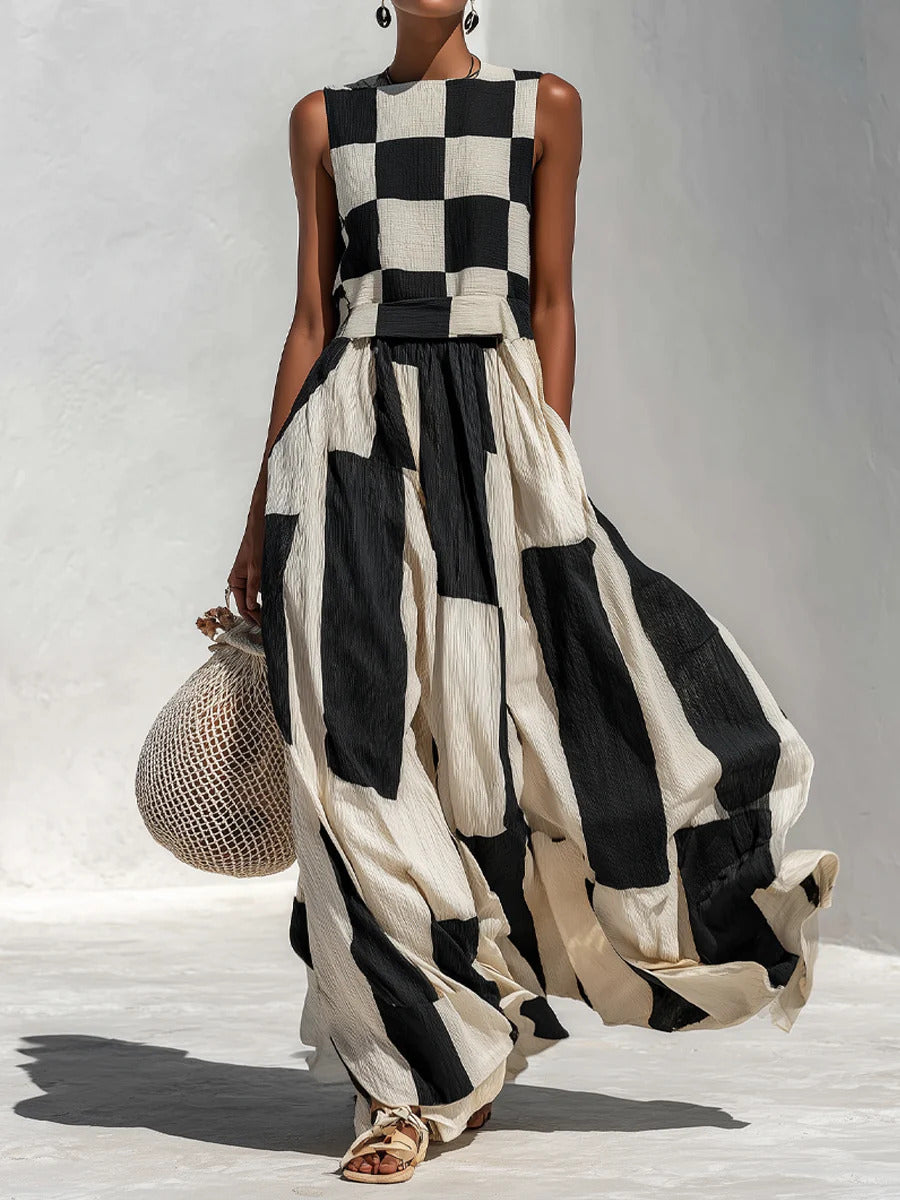 Relaxed & Stylish Cotton-Linen Blend With Plaid And Stripe Paneling Sleeveless Maxi-Length Dress