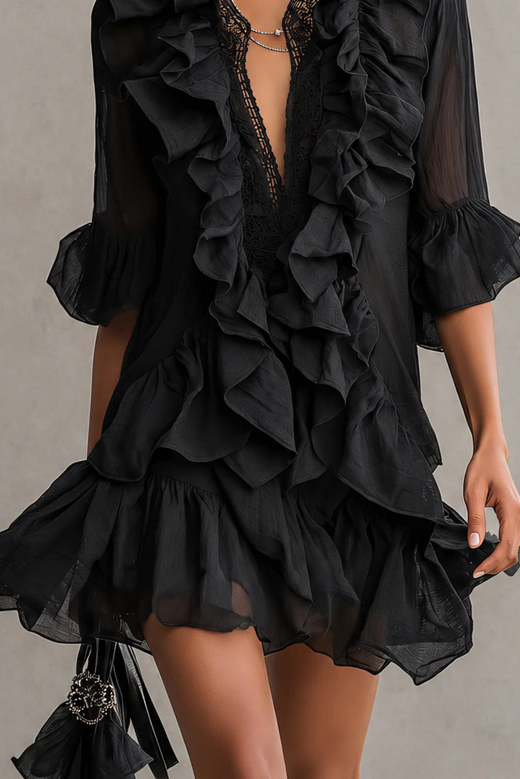 Lace Ruffled Mini-Length Dress