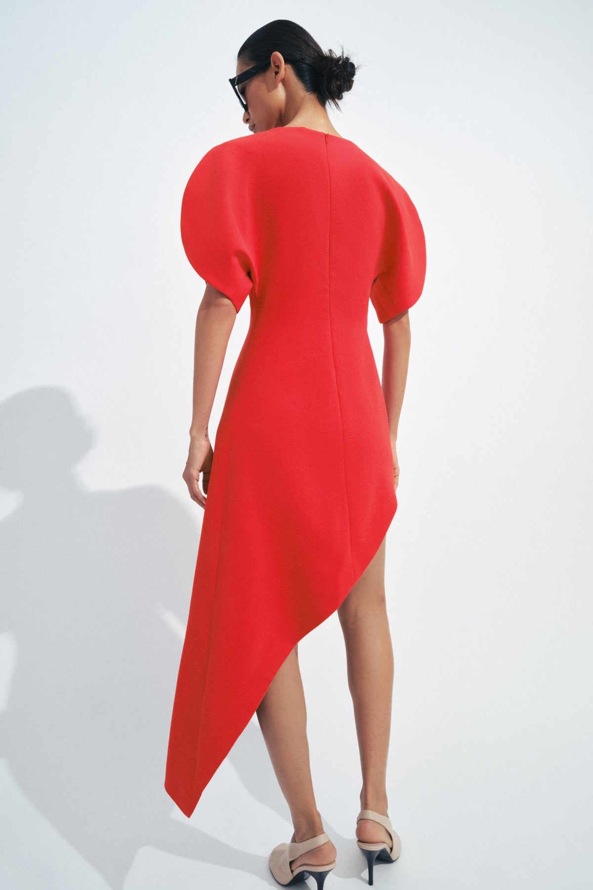 Modern Structured Red Midi-Length Dress