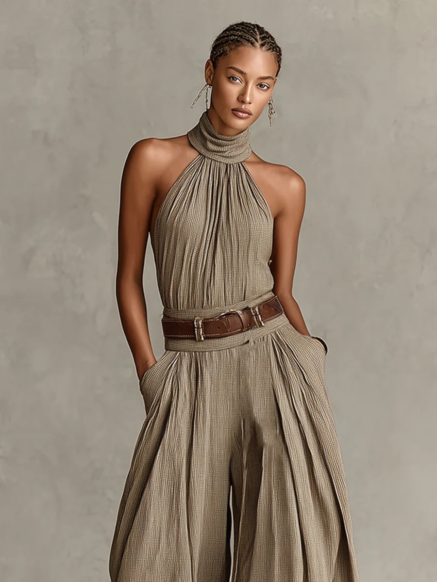 Modern Taupe Boho Halter Wide-Leg Jumpsuit(Without Belt)