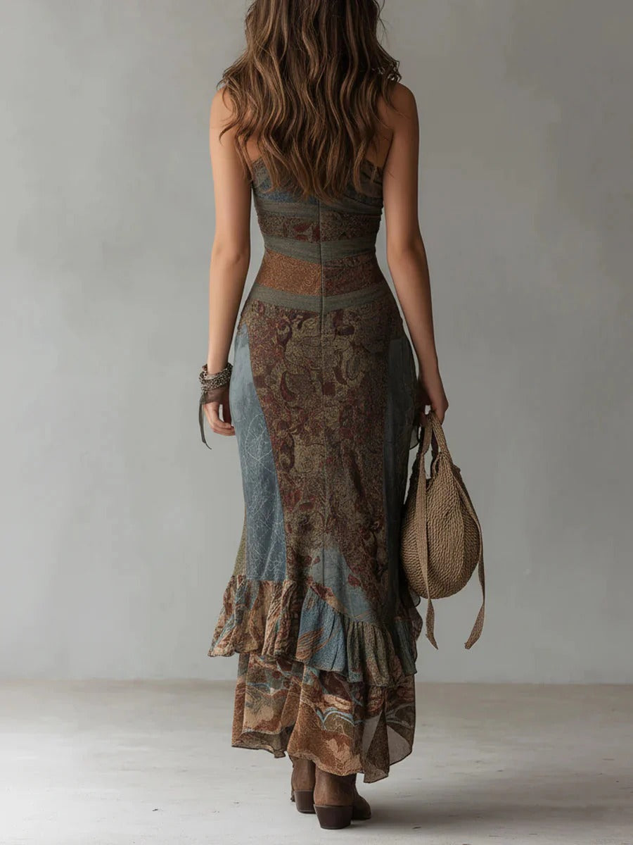 Ethnic-Style Patterned One-Shoulder Maxi-Length Dress with High Slit