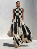 Relaxed & Stylish Cotton-Linen Blend With Plaid And Stripe Paneling Sleeveless Maxi-Length Dress