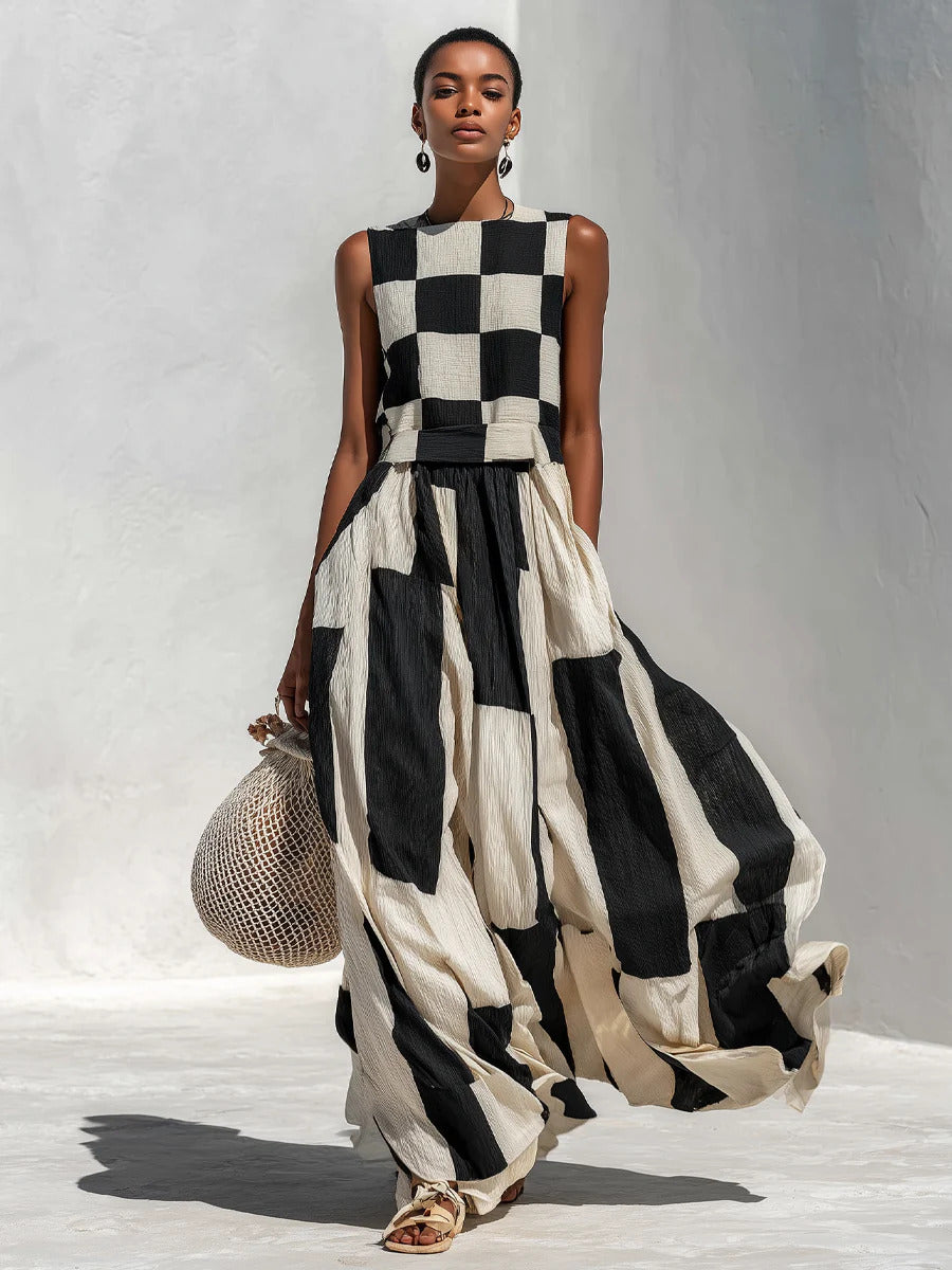 Relaxed & Stylish Cotton-Linen Blend With Plaid And Stripe Paneling Sleeveless Maxi-Length Dress