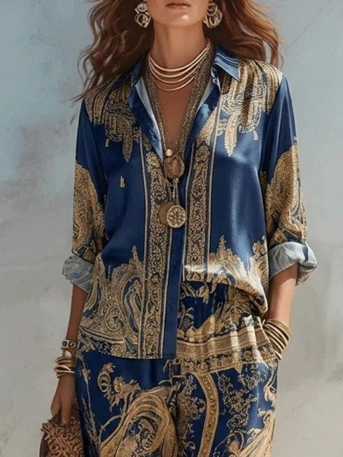 Navy Baroque Print Shirt And Wide-Leg Trousers Two-Piece Set