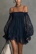 Navy Lace Cold Shoulder Mini-Length Dress