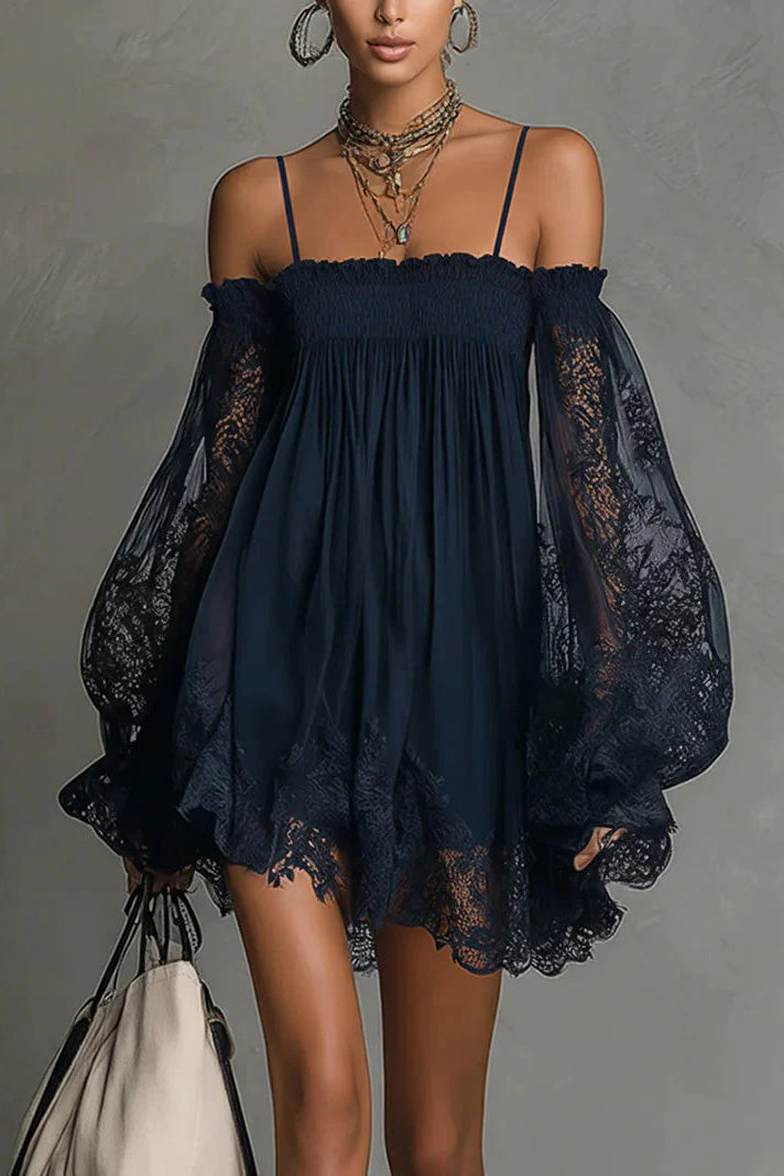Navy Lace Cold Shoulder Mini-Length Dress