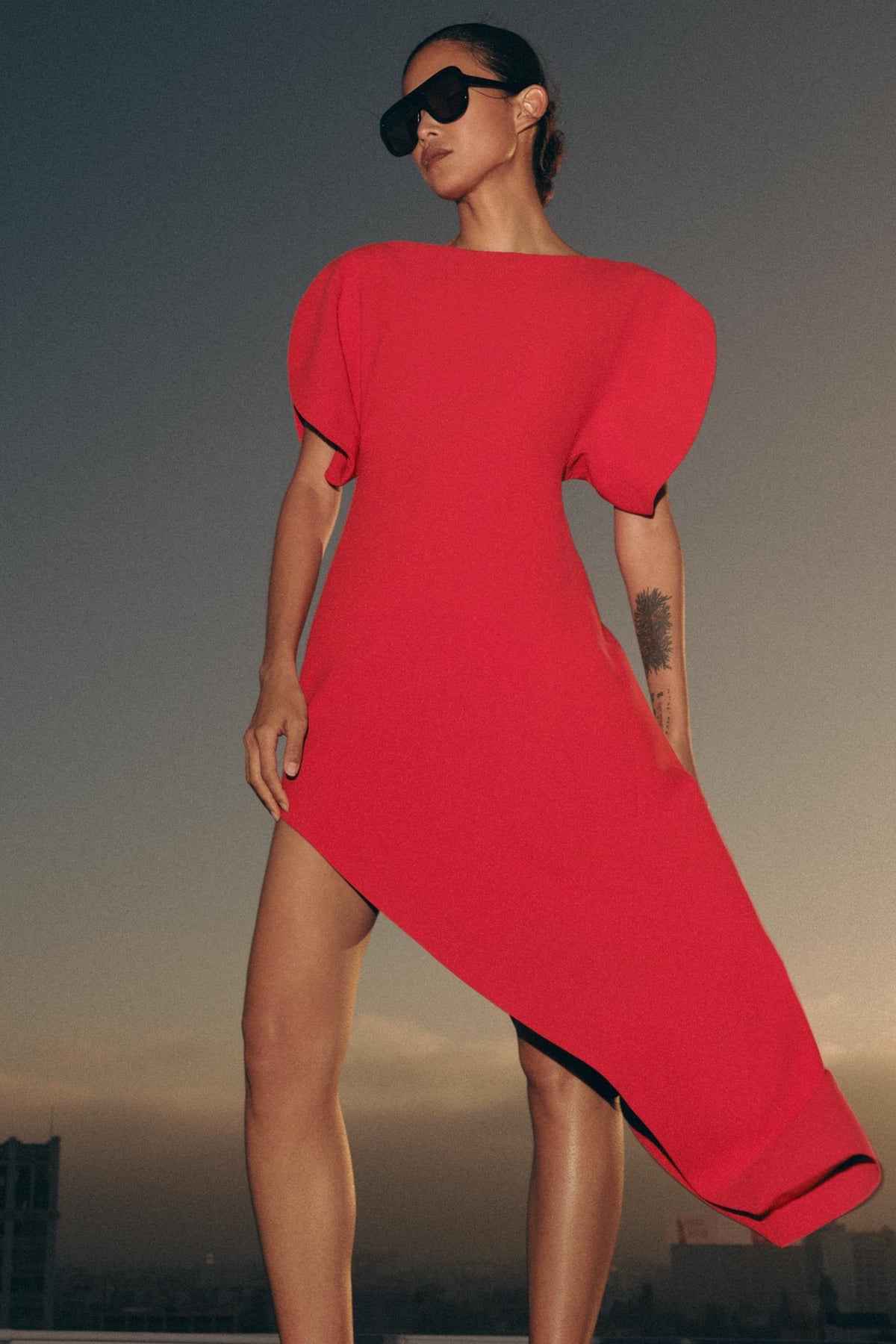 Modern Structured Red Midi-Length Dress