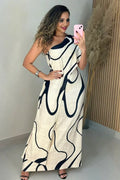 Abstract Wave One-Shoulder Maxi-Length Dress