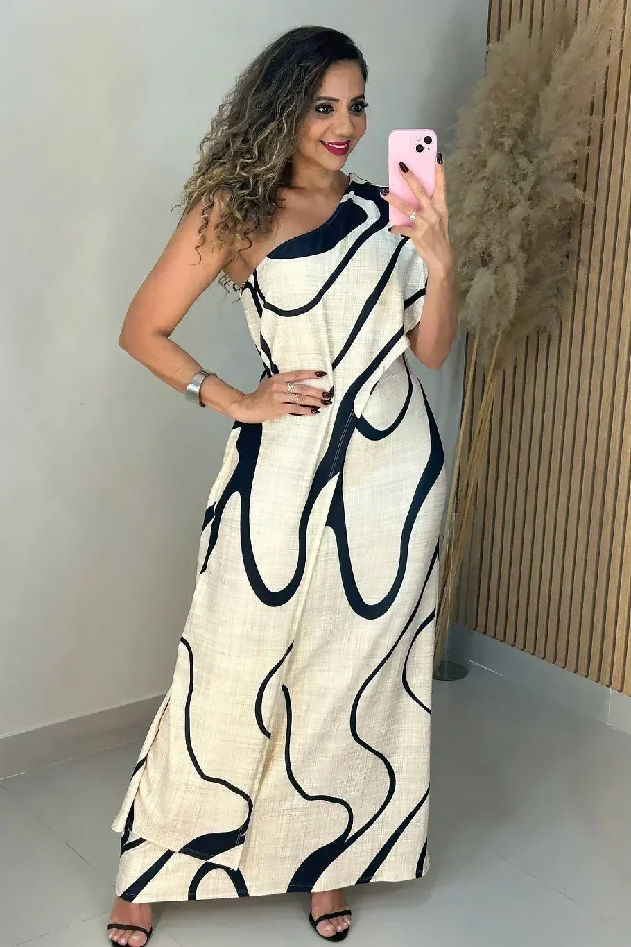 Abstract Wave One-Shoulder Maxi-Length Dress