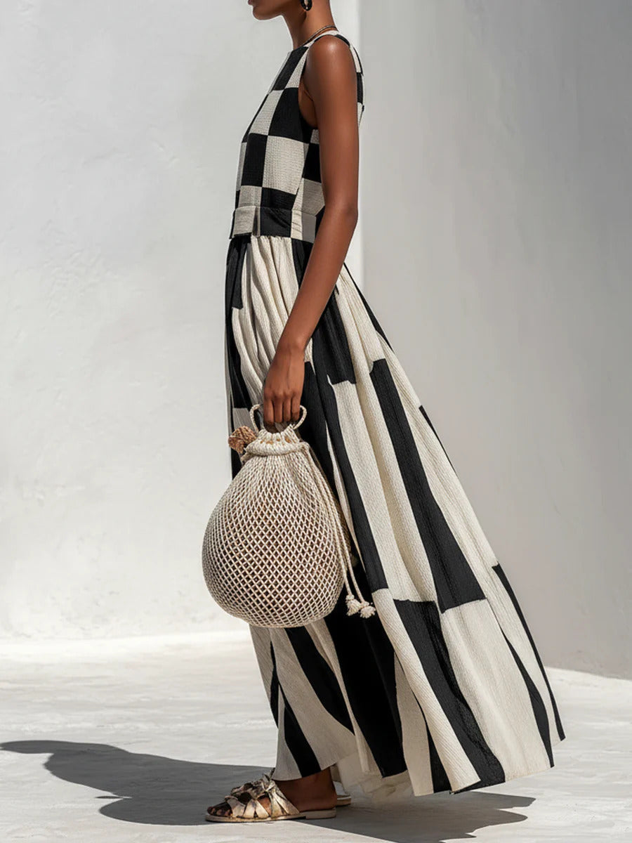 Relaxed & Stylish Cotton-Linen Blend With Plaid And Stripe Paneling Sleeveless Maxi-Length Dress