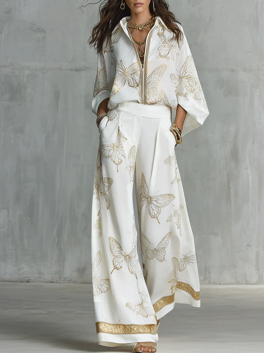 Relaxed Refined Gold Butterfly Print Loose Two-Piece Set