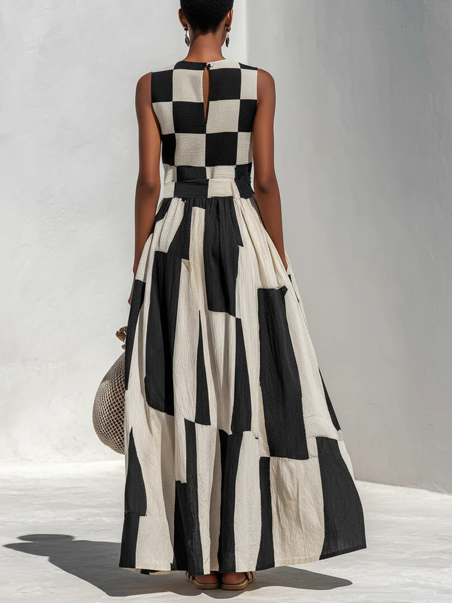 Relaxed & Stylish Cotton-Linen Blend With Plaid And Stripe Paneling Sleeveless Maxi-Length Dress
