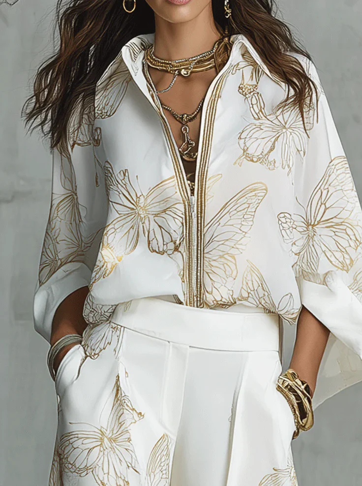 Relaxed Refined Gold Butterfly Print Loose Two-Piece Set