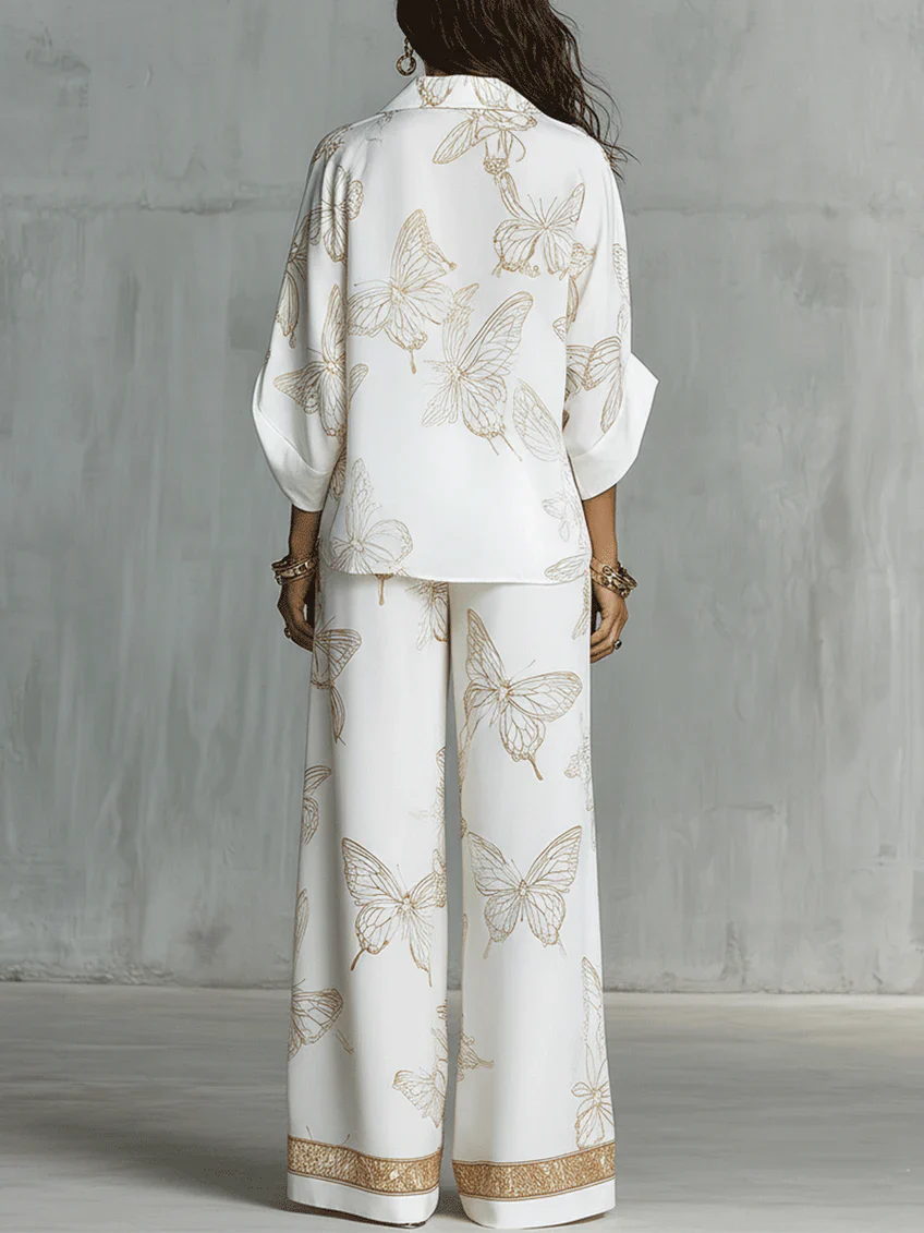Relaxed Refined Gold Butterfly Print Loose Two-Piece Set