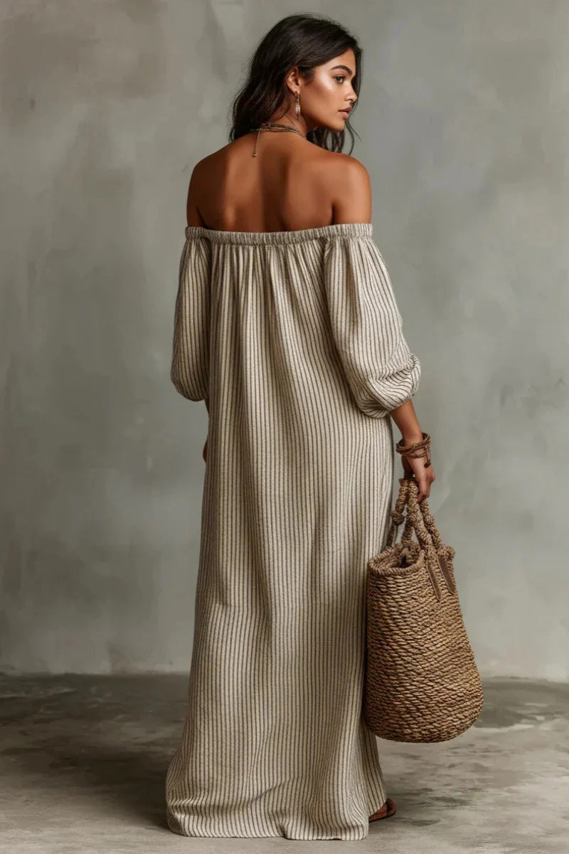 Beige Stripe Off-Shoulder Linen-Blend Maxi-Length Dress