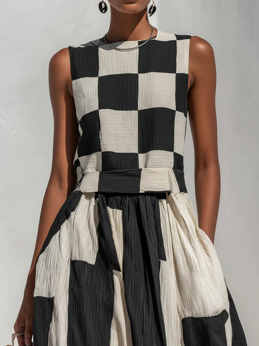 Relaxed & Stylish Cotton-Linen Blend With Plaid And Stripe Paneling Sleeveless Maxi-Length Dress