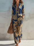 Navy Baroque Print Shirt And Wide-Leg Trousers Two-Piece Set