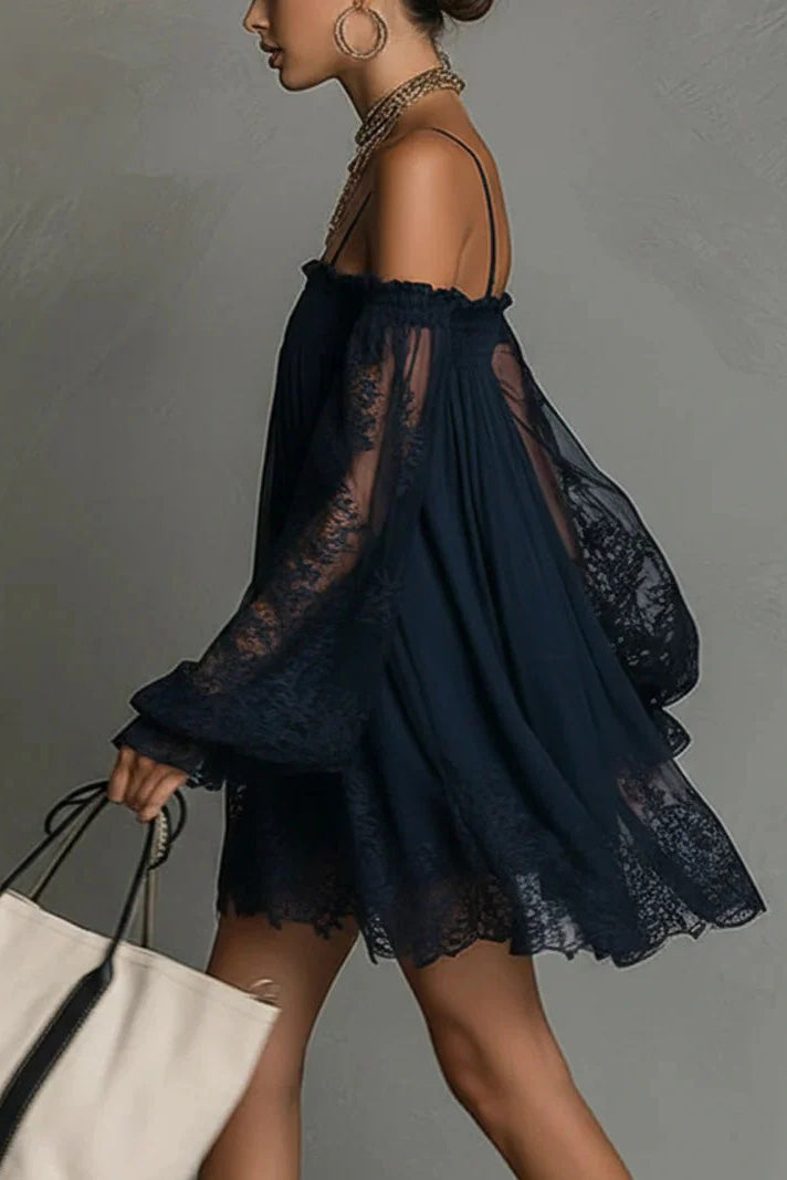Navy Lace Cold Shoulder Mini-Length Dress