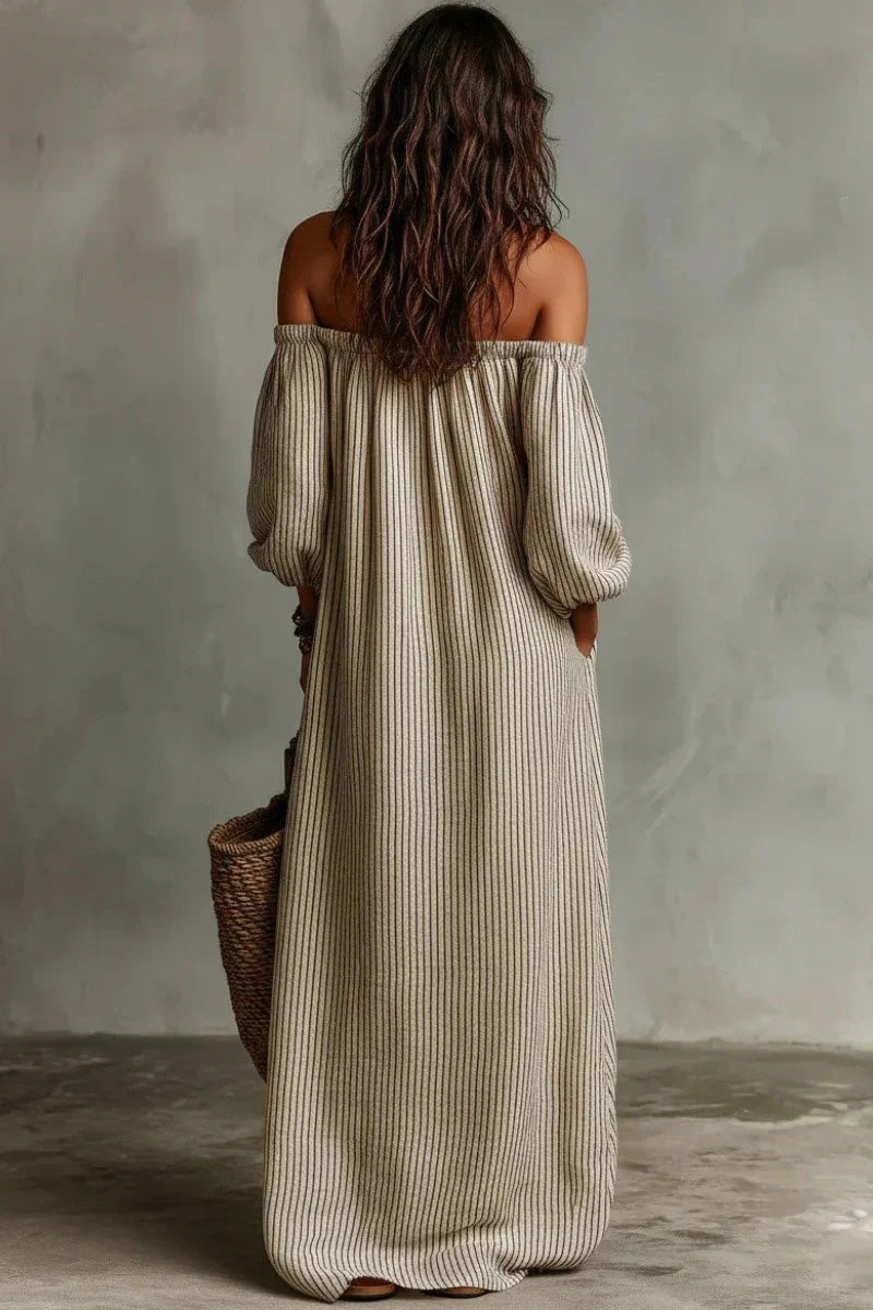 Beige Stripe Off-Shoulder Linen-Blend Maxi-Length Dress