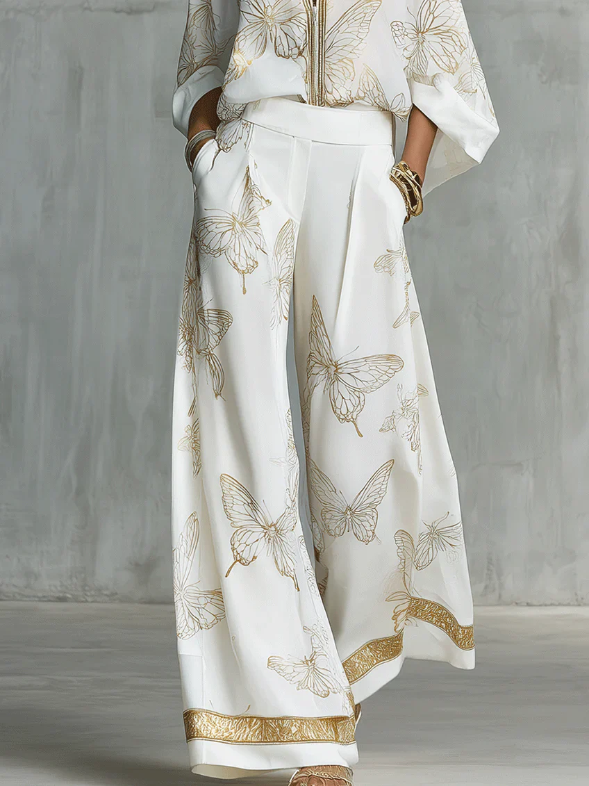Relaxed Refined Gold Butterfly Print Loose Two-Piece Set