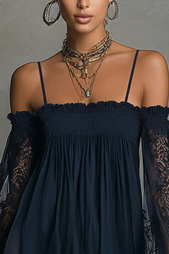 Navy Lace Cold Shoulder Mini-Length Dress