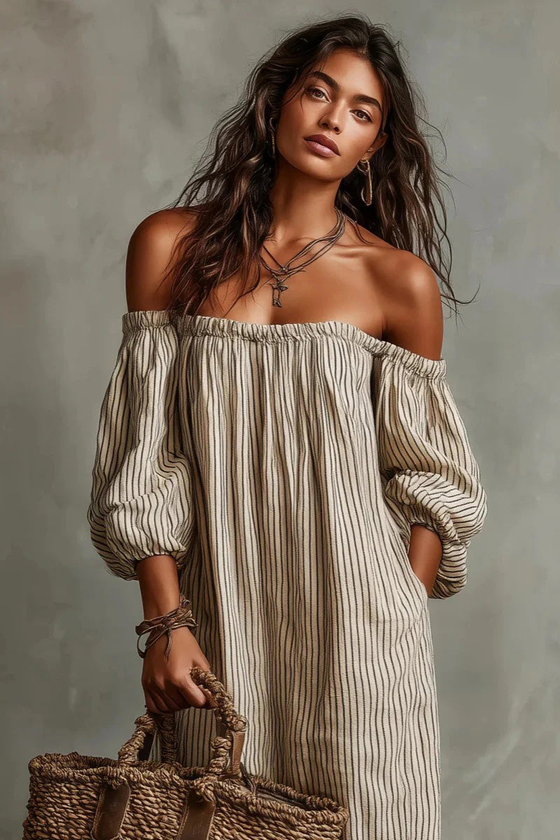 Beige Stripe Off-Shoulder Linen-Blend Maxi-Length Dress