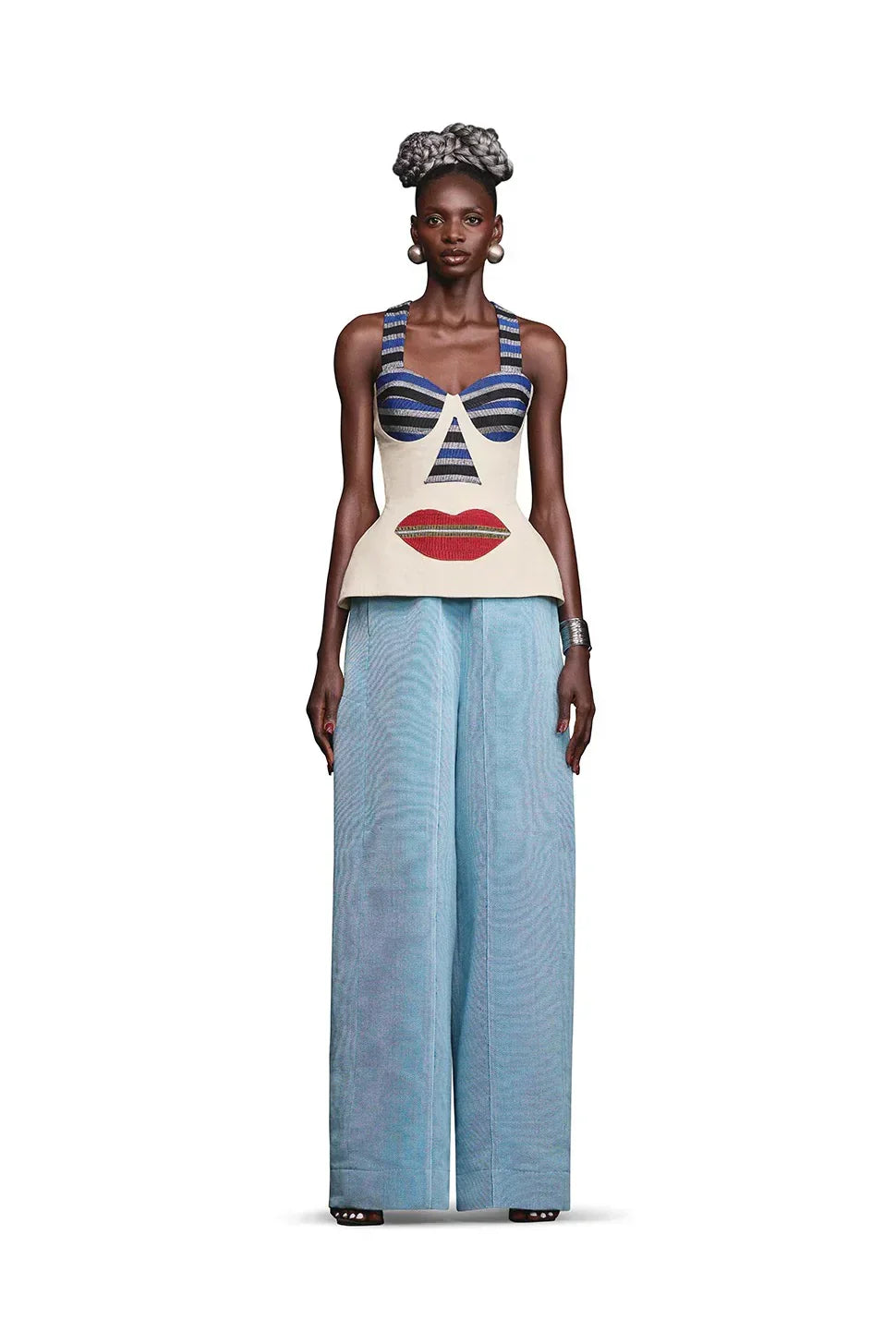 Modern Abstract Face Motif Halter Bustier Top