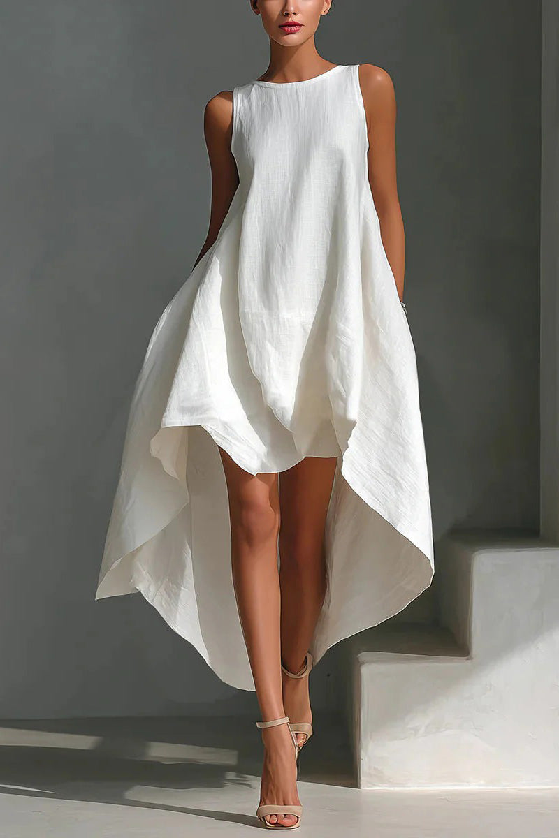 Modern White Linen Asymmetric Dress