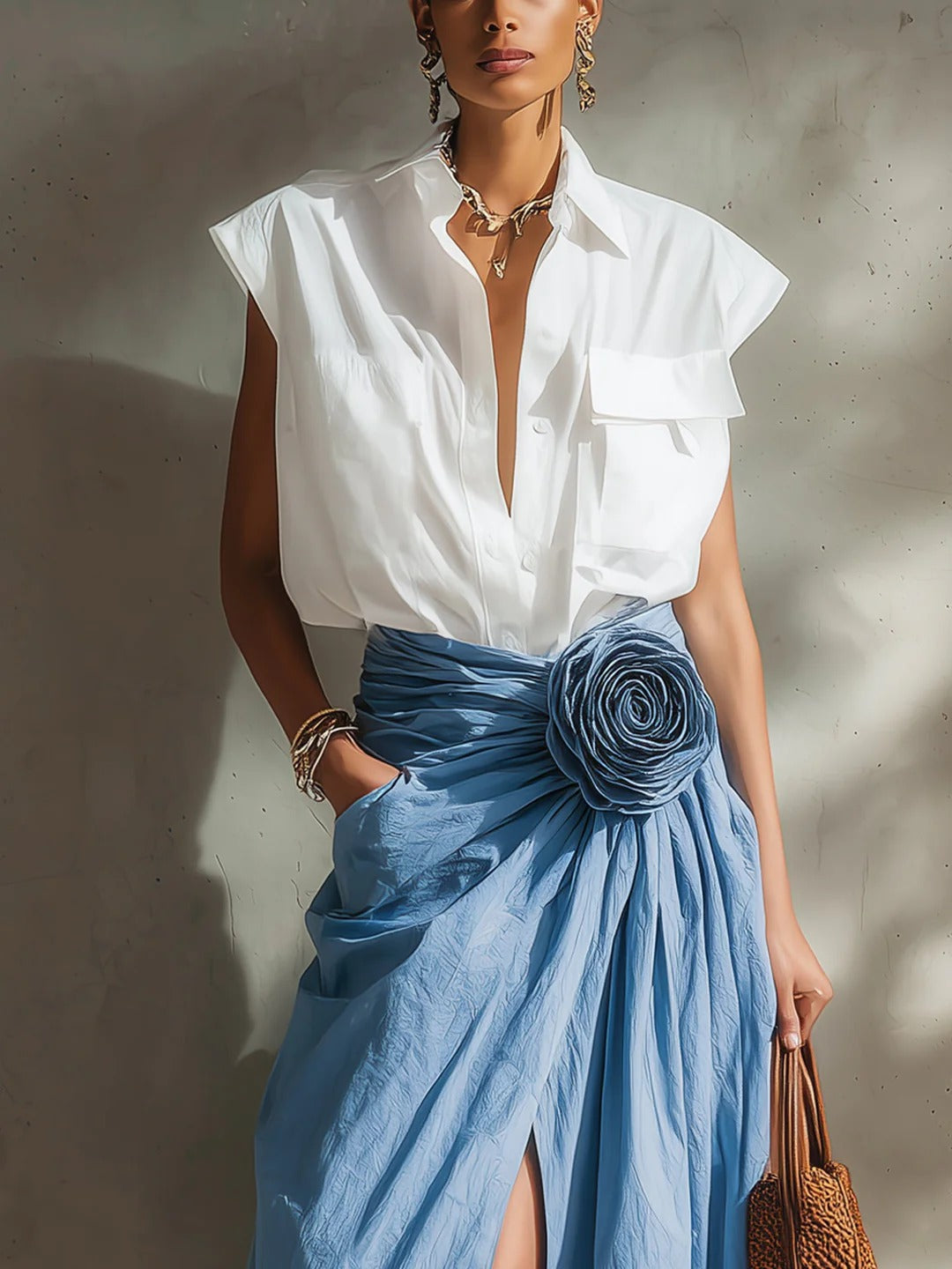 The Cotton Shirt And Flower Skirt Set
