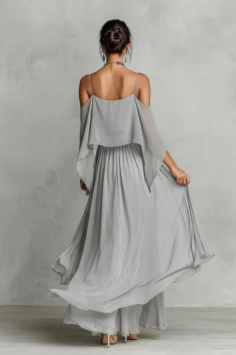 Gray Chiffon Cold-Shoulder Two-Piece Set