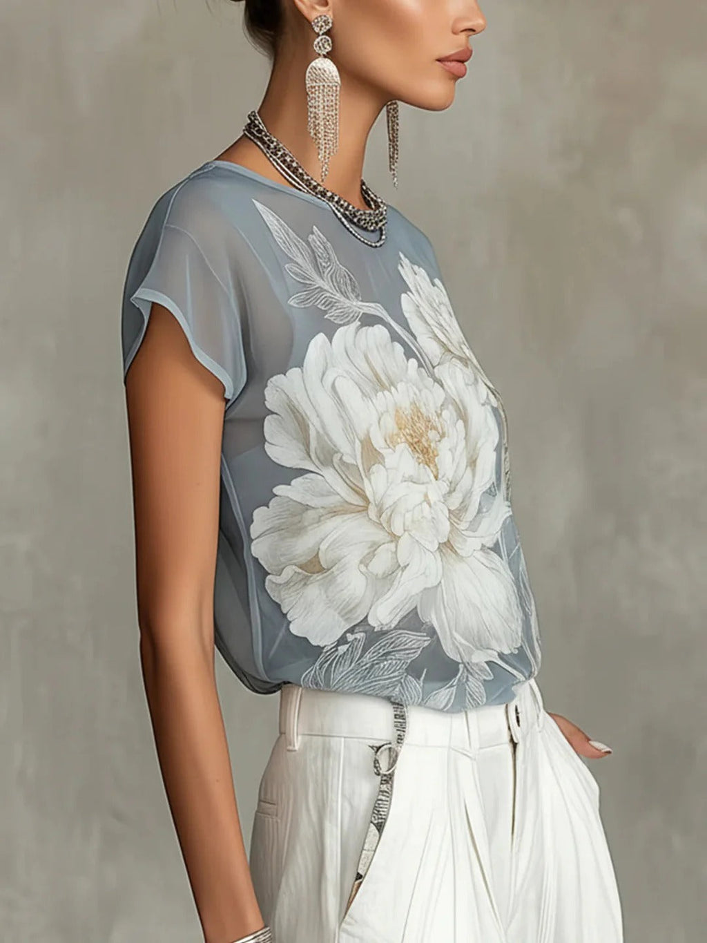 Blue Flower Chiffon Blouse
