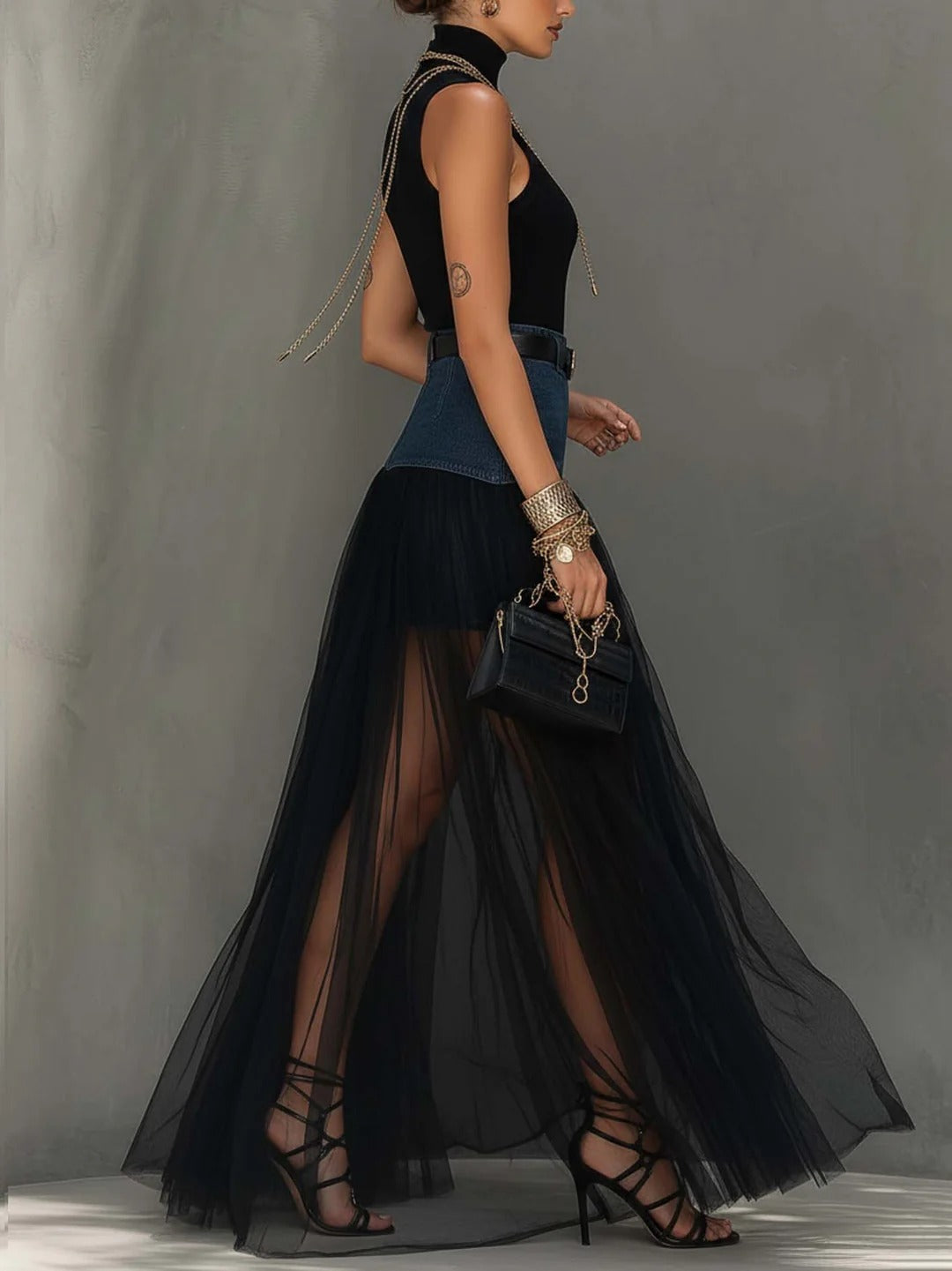 Coordinated The Denim And Mesh Set