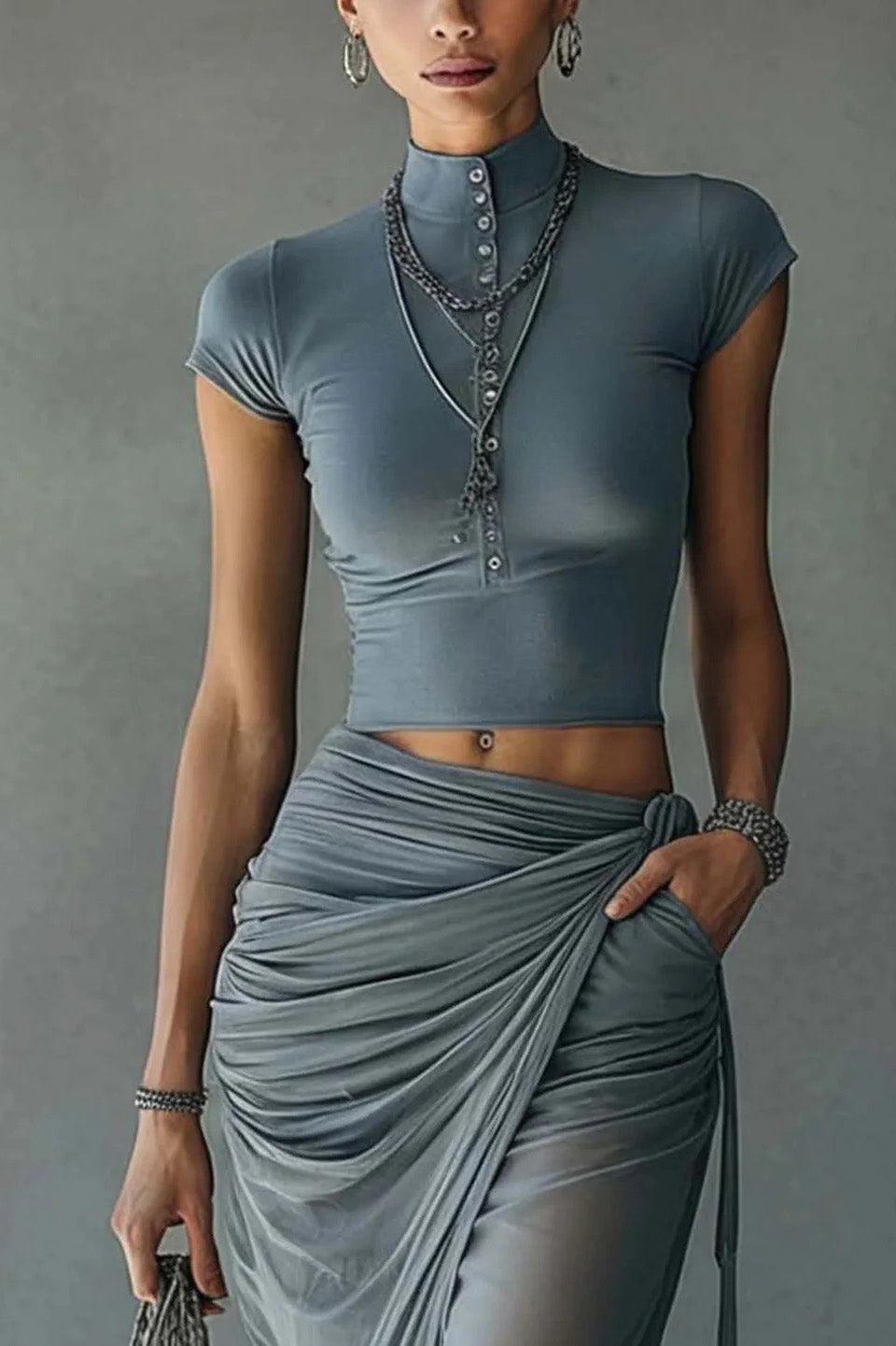 Coordinated Blue Cropped T-Shirt and Sheer Mesh Draped Skirt Set