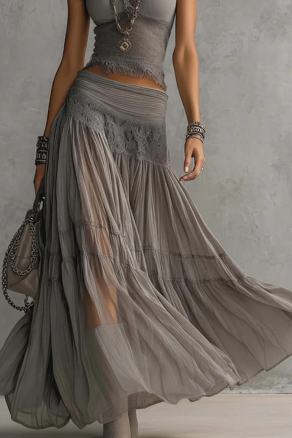 Gray Lace-Paneled Top and Pleated Maxi Skirt Set