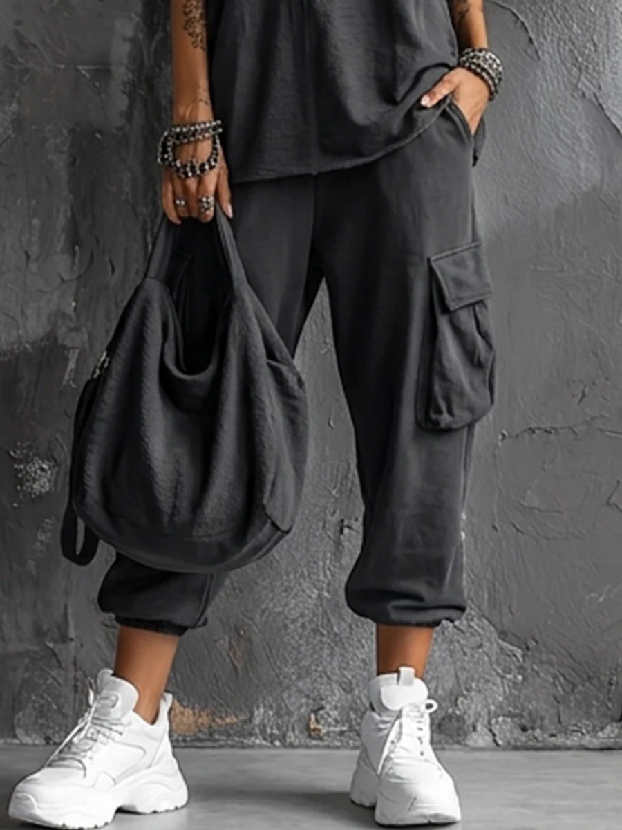 Relaxed Style Dark Gray Cotton Blend Sleeveless Top + Jogger Cargo Trousers Set