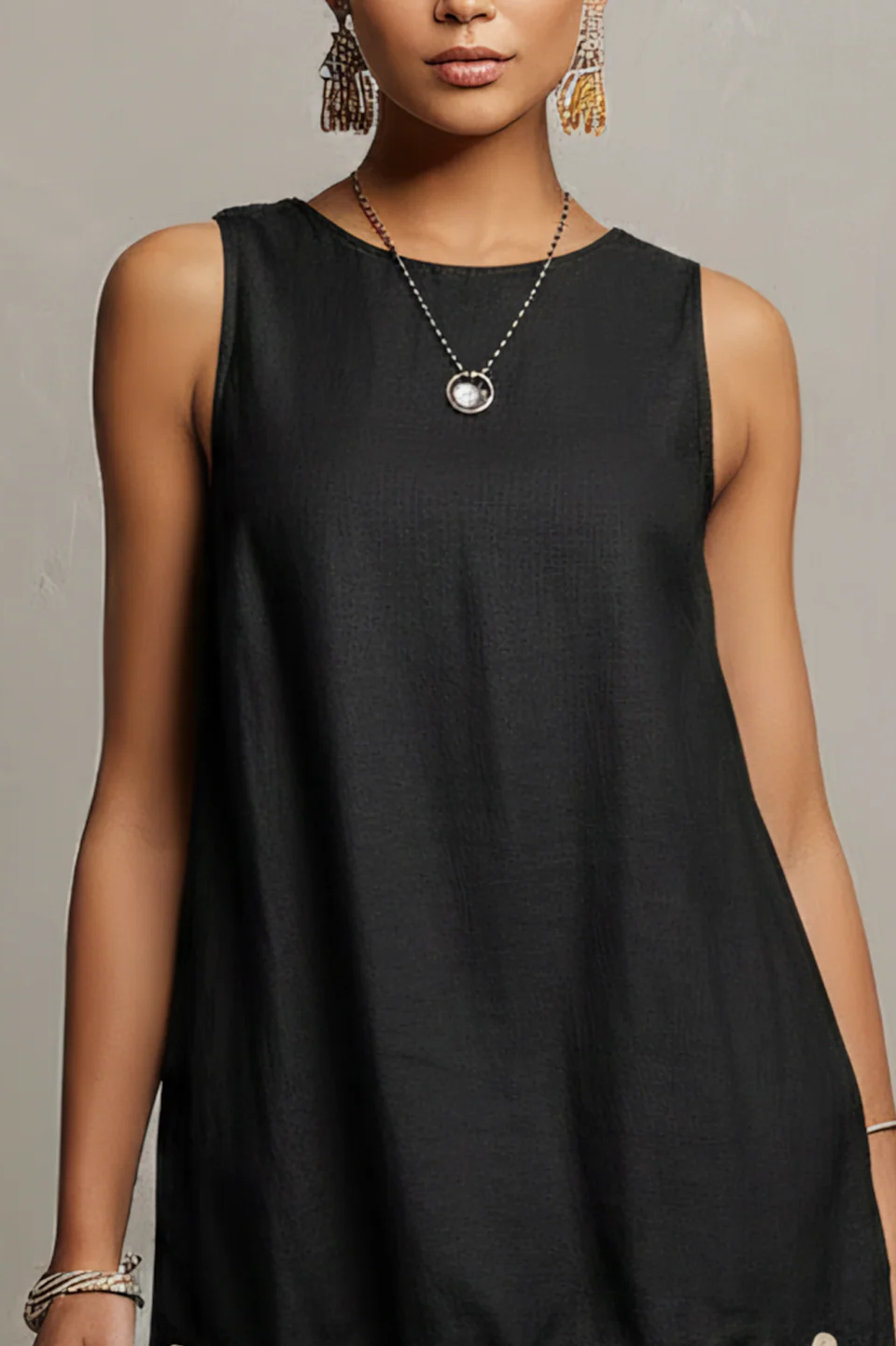 Black Cotton-Linen Mini-Length Dress With 3D Flower Hem