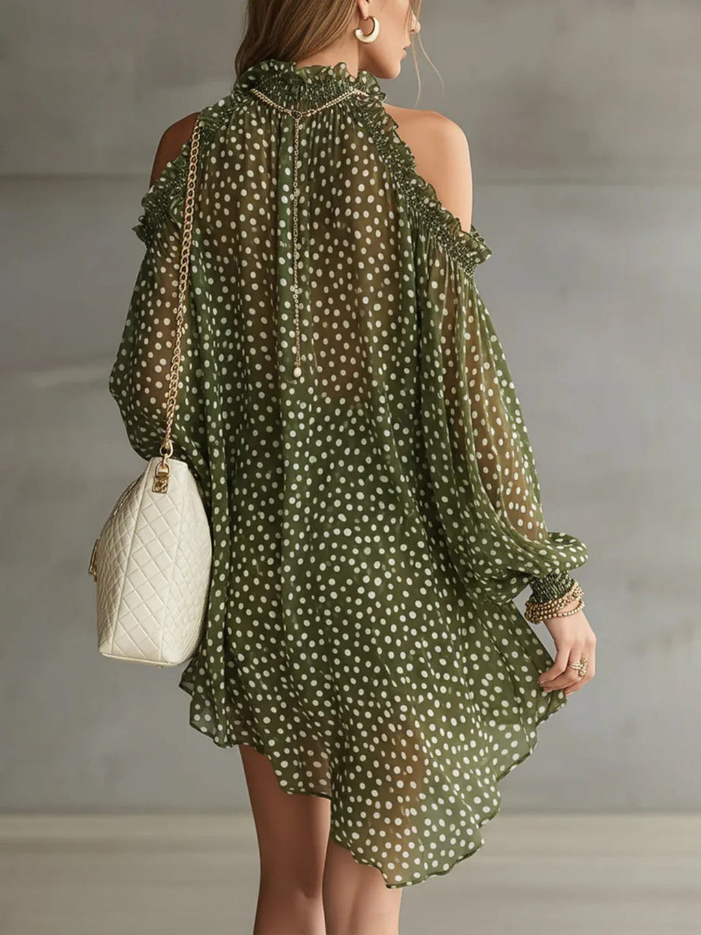 Green Polka Dot Cold Shoulder Mini-Length Dress With Ruffled Neckline