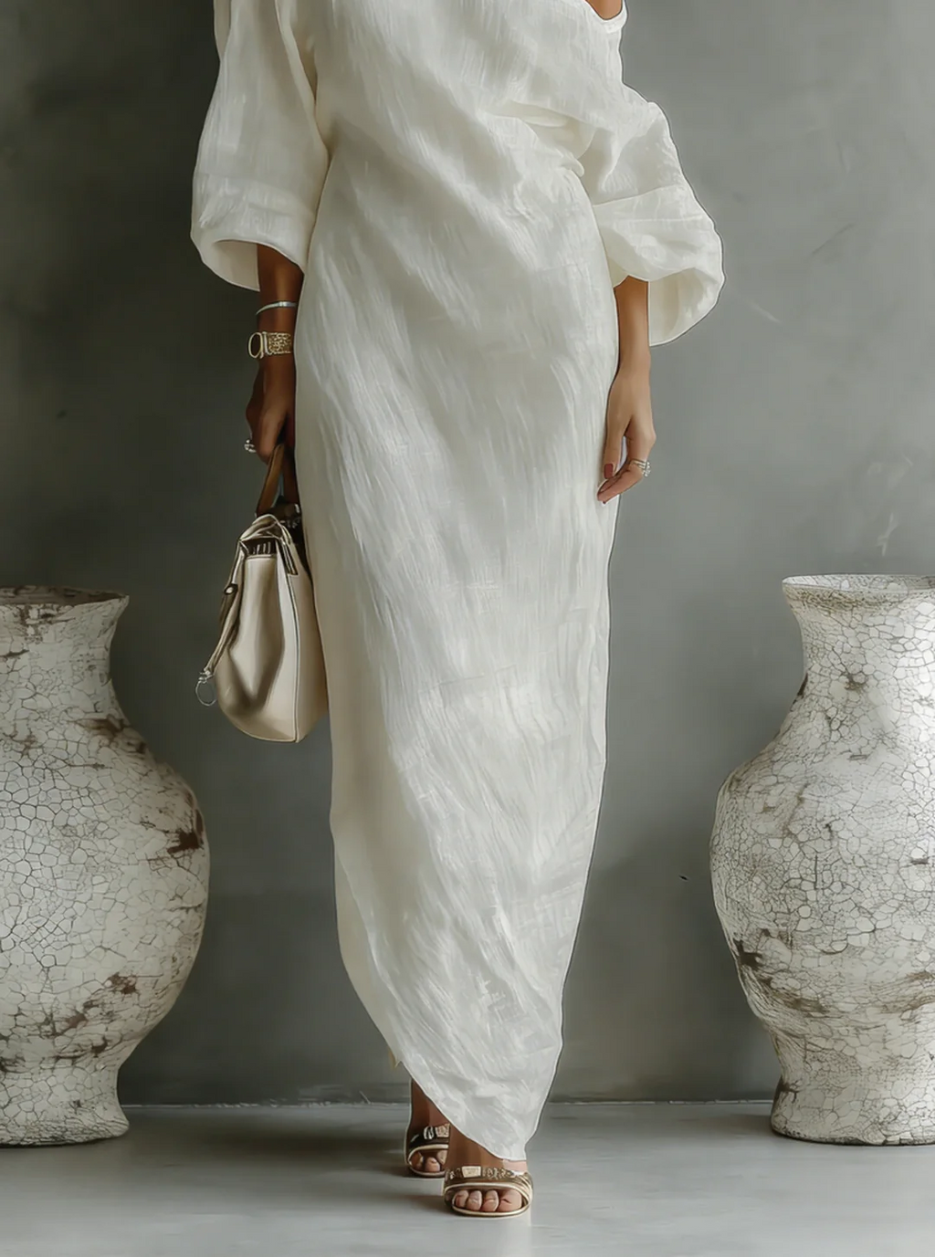 Ivory White One-Shoulder Cotton-Linen Maxi-Length Dress